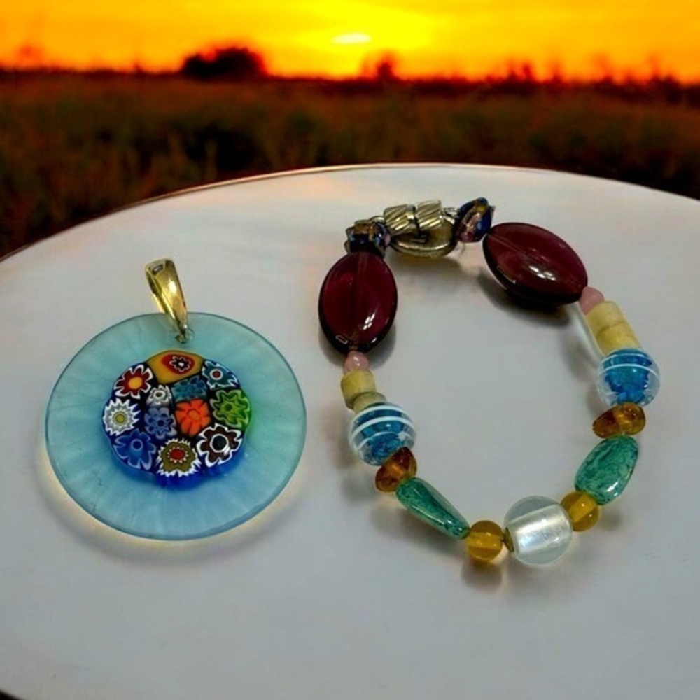Colorful Glass Beaded Bracelet and Pendant Set